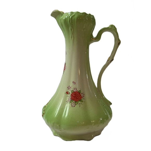 Vintage Antique Green Floral Pitcher and Wash Basin with Gold Trim 1950s - Picture 10 of 16